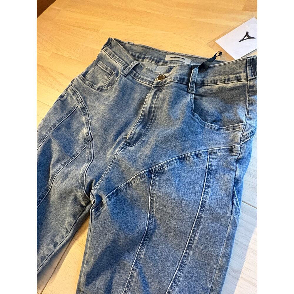 Maniere De Voir Curved Contour Panel Denim Jeans Blue Streetwear Cyber Y2K - Picture 3 of 11